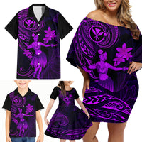 Hawaii Family Matching Off Shoulder Short Dress and Hawaiian Shirt Hula Girl Mix Polynesian Plumeria Purple Version LT14 - Polynesian Pride