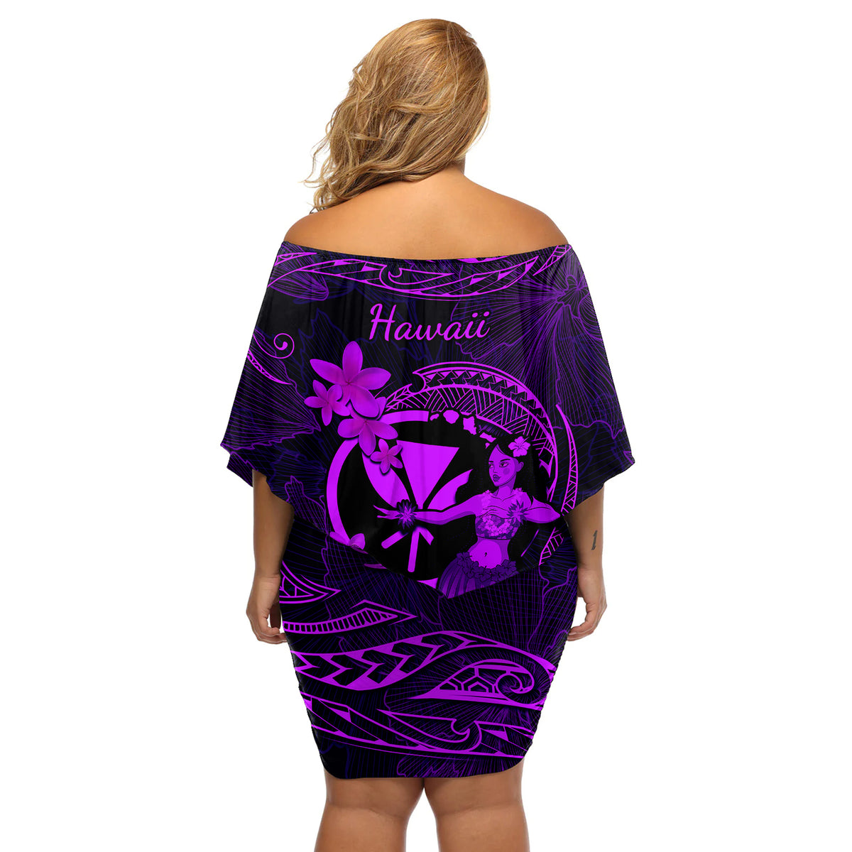 Hawaii Off Shoulder Short Dress Hula Girl Mix Polynesian Plumeria Purple Version LT14 - Polynesian Pride