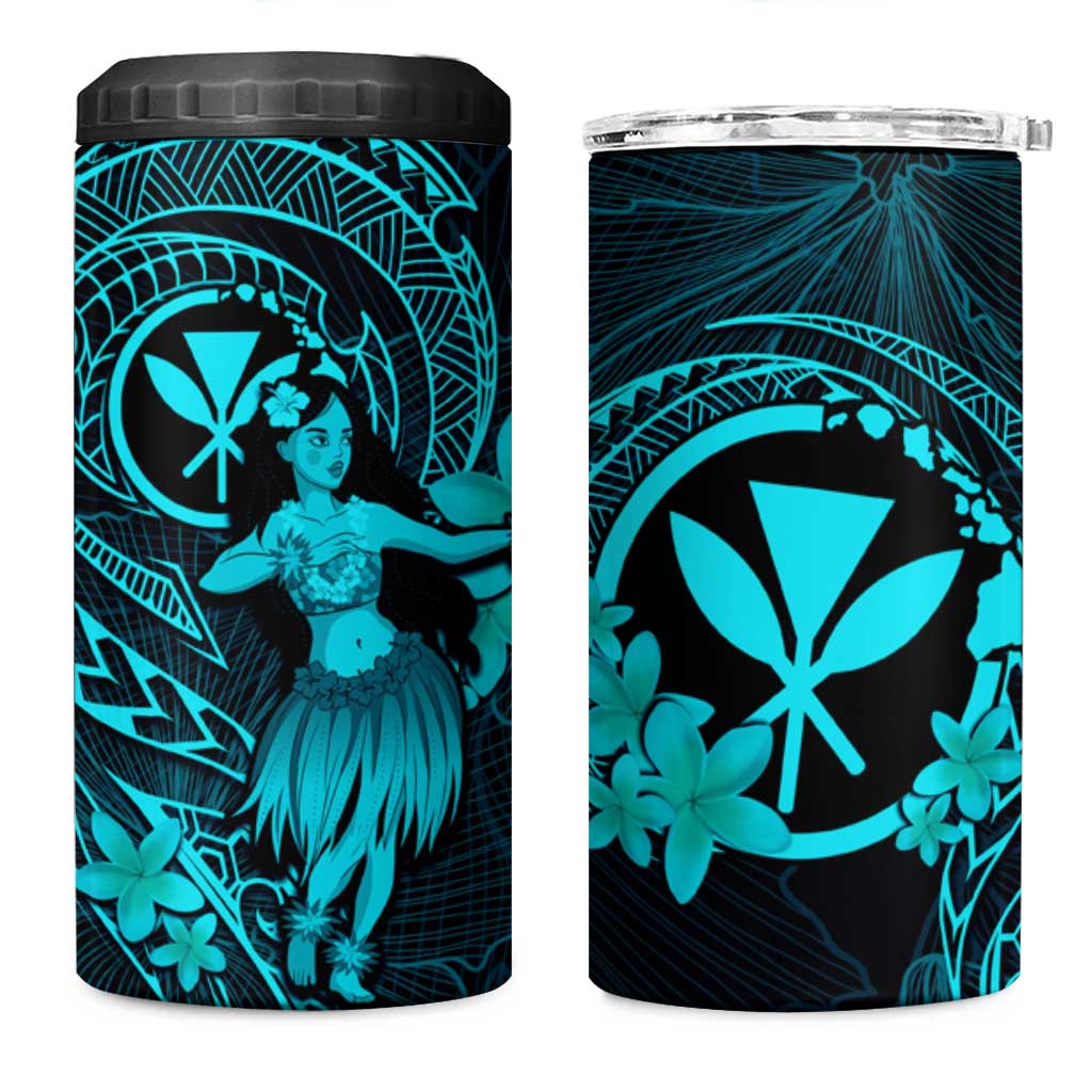 Hawaii 4 in 1 Can Cooler Tumbler Hula Girl Mix Polynesian Plumeria Turquoise Version