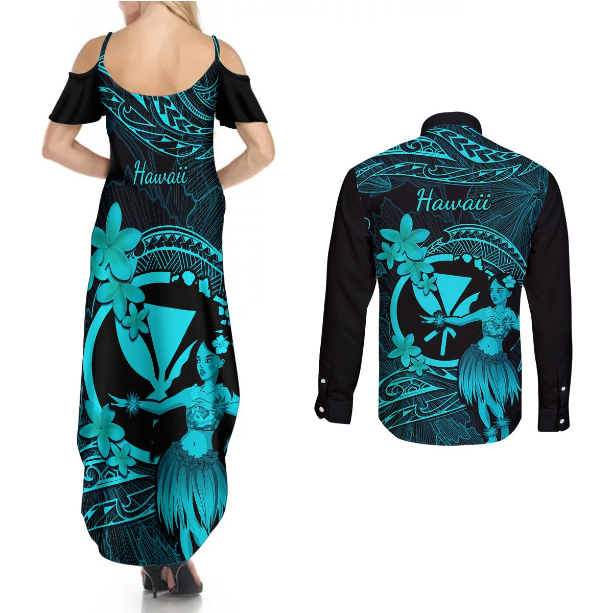 Hawaii Couples Matching Summer Maxi Dress and Long Sleeve Button Shirts Hula Girl Mix Polynesian Plumeria Turquoise Version LT14 - Polynesian Pride