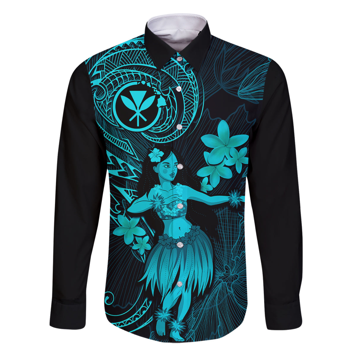Hawaii Family Matching Off Shoulder Long Sleeve Dress and Hawaiian Shirt Hula Girl Mix Polynesian Plumeria Turquoise Version LT14 Dad's Shirt - Long Sleeve Turquoise - Polynesian Pride
