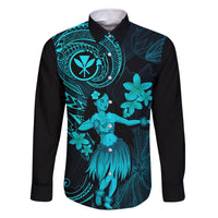 Hawaii Family Matching Off Shoulder Long Sleeve Dress and Hawaiian Shirt Hula Girl Mix Polynesian Plumeria Turquoise Version LT14 Dad's Shirt - Long Sleeve Turquoise - Polynesian Pride