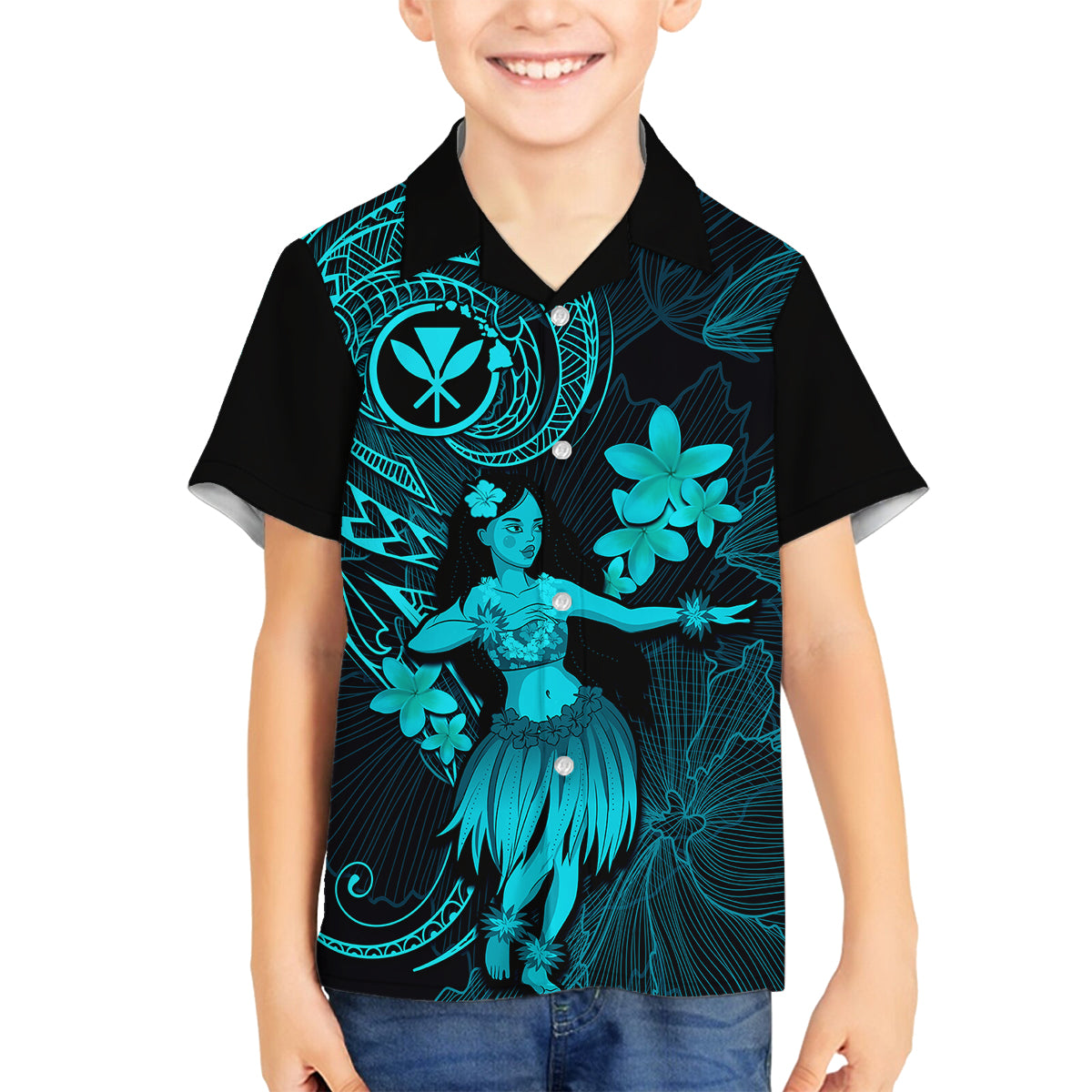 Hawaii Family Matching Off Shoulder Maxi Dress and Hawaiian Shirt Hula Girl Mix Polynesian Plumeria Turquoise Version LT14 Son's Shirt Turquoise - Polynesian Pride