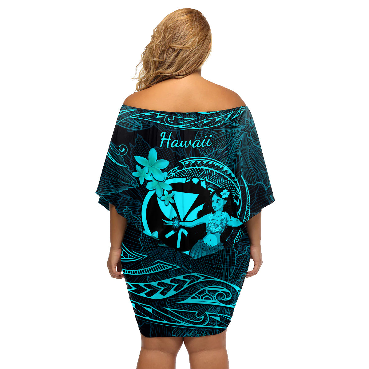 Hawaii Family Matching Off Shoulder Short Dress and Hawaiian Shirt Hula Girl Mix Polynesian Plumeria Turquoise Version LT14 - Polynesian Pride