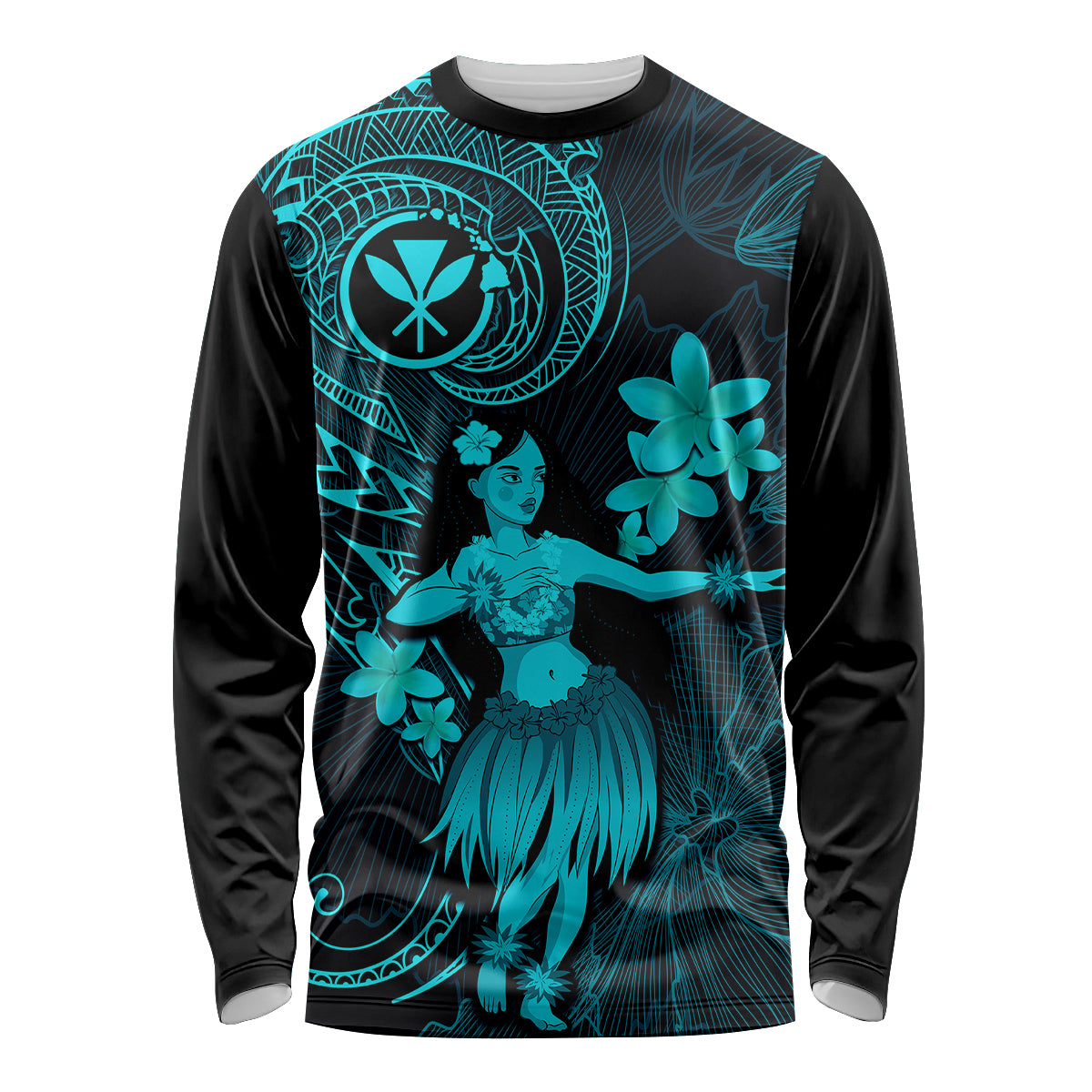 Hawaii Long Sleeve Shirt Hula Girl Mix Polynesian Plumeria Turquoise Version LT14 Unisex Turquoise - Polynesian Pride