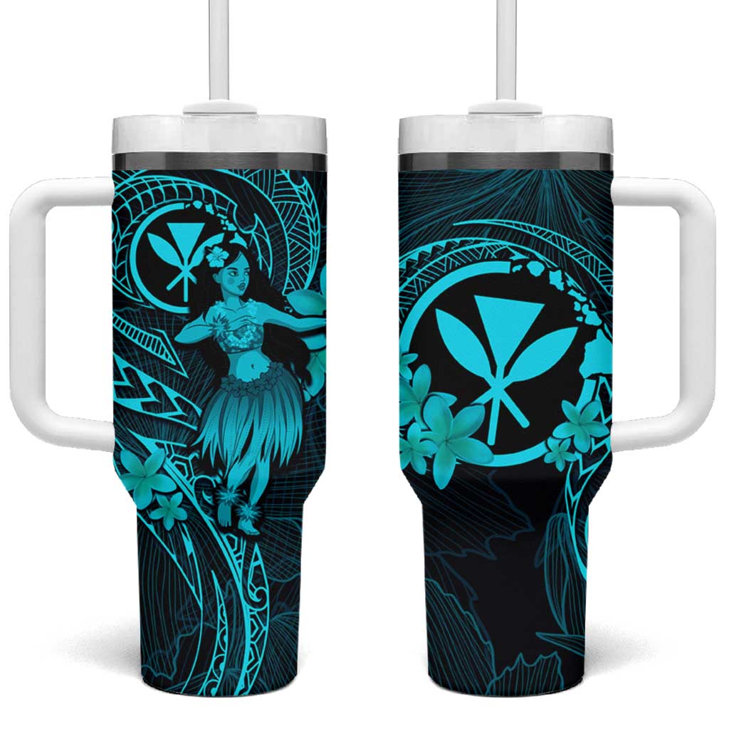 Hawaii Tumbler With Handle Hula Girl Mix Polynesian Plumeria Turquoise Version