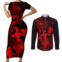 Hawaii Couples Matching Short Sleeve Bodycon Dress and Long Sleeve Button Shirts Hula Girl Mix Polynesian Plumeria Red Version LT14 Red - Polynesian Pride
