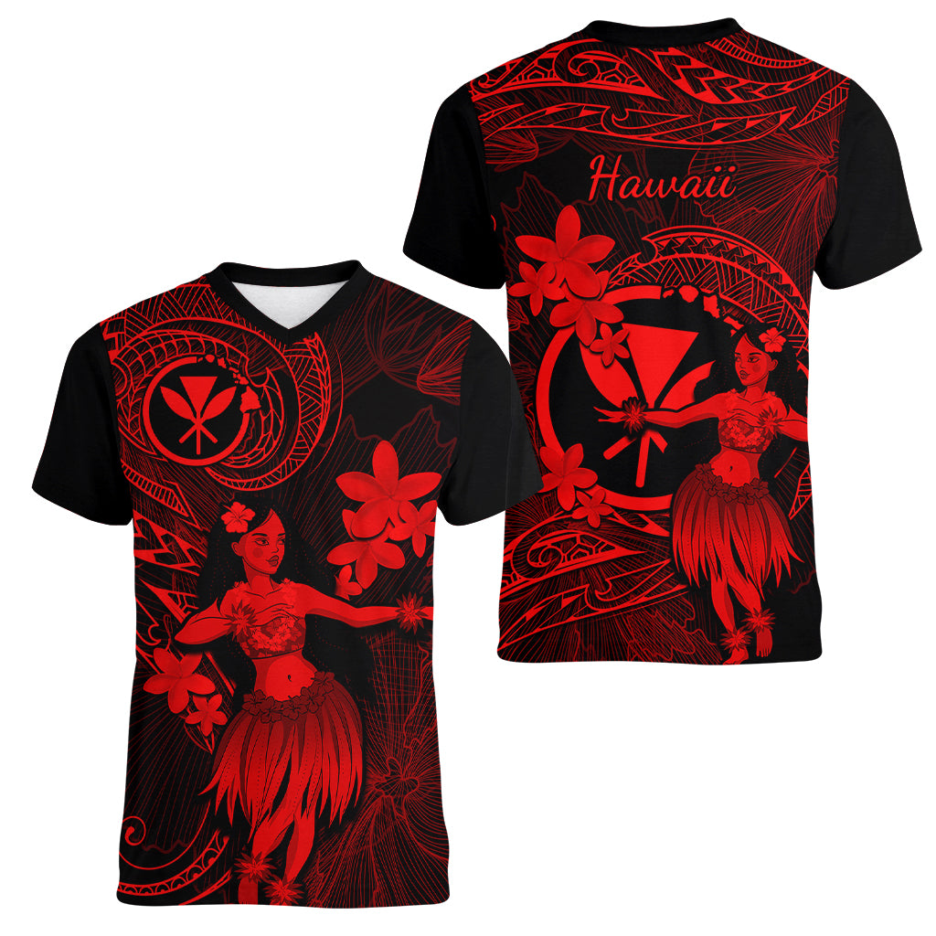 Hawaii Women V Neck T Shirt Hula Girl Mix Polynesian Plumeria Red Version LT14 - Polynesian Pride