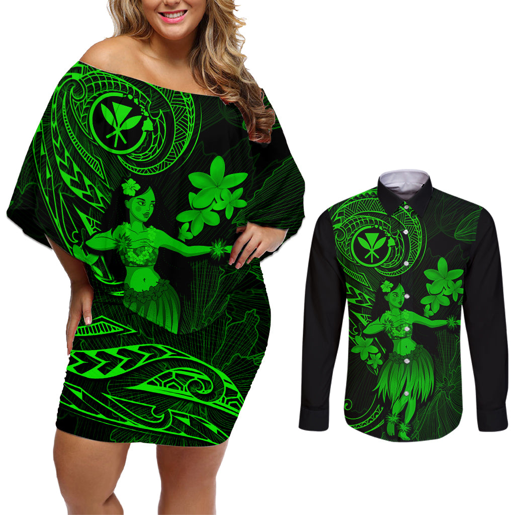 Hawaii Couples Matching Off Shoulder Short Dress and Long Sleeve Button Shirts Hula Girl Mix Polynesian Plumeria Green Version LT14 Green - Polynesian Pride