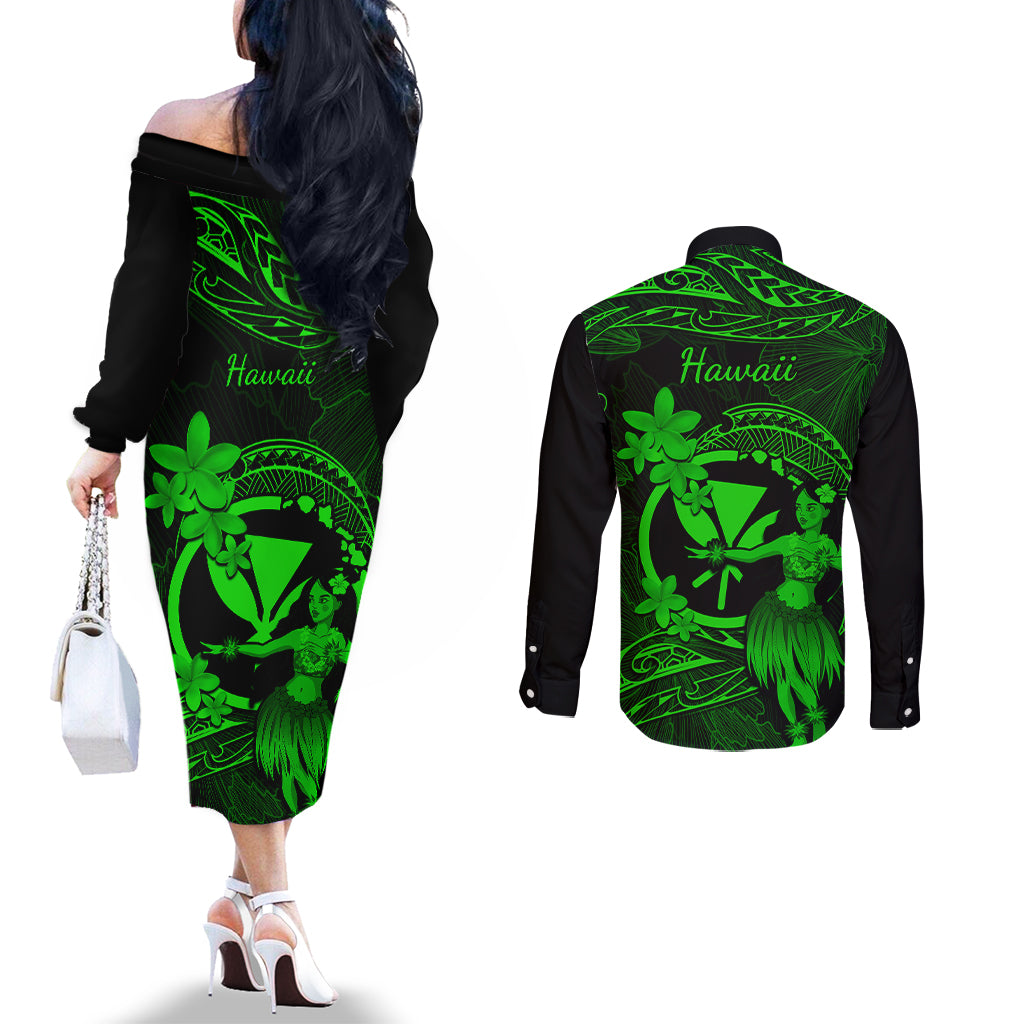 Hawaii Couples Matching Off The Shoulder Long Sleeve Dress and Long Sleeve Button Shirts Hula Girl Mix Polynesian Plumeria Green Version LT14 - Polynesian Pride