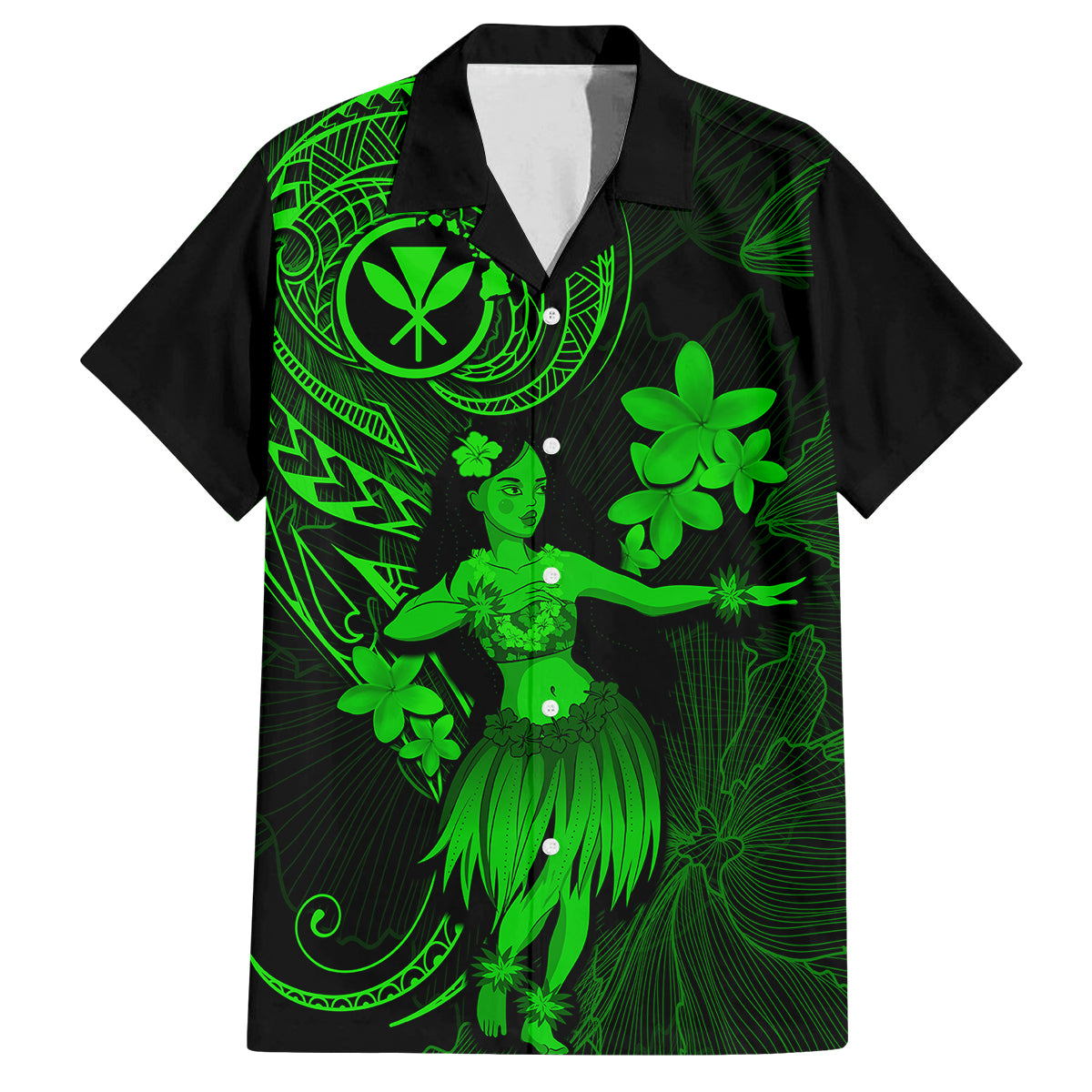 Hawaii Family Matching Off Shoulder Long Sleeve Dress and Hawaiian Shirt Hula Girl Mix Polynesian Plumeria Green Version LT14 Dad's Shirt - Short Sleeve Green - Polynesian Pride