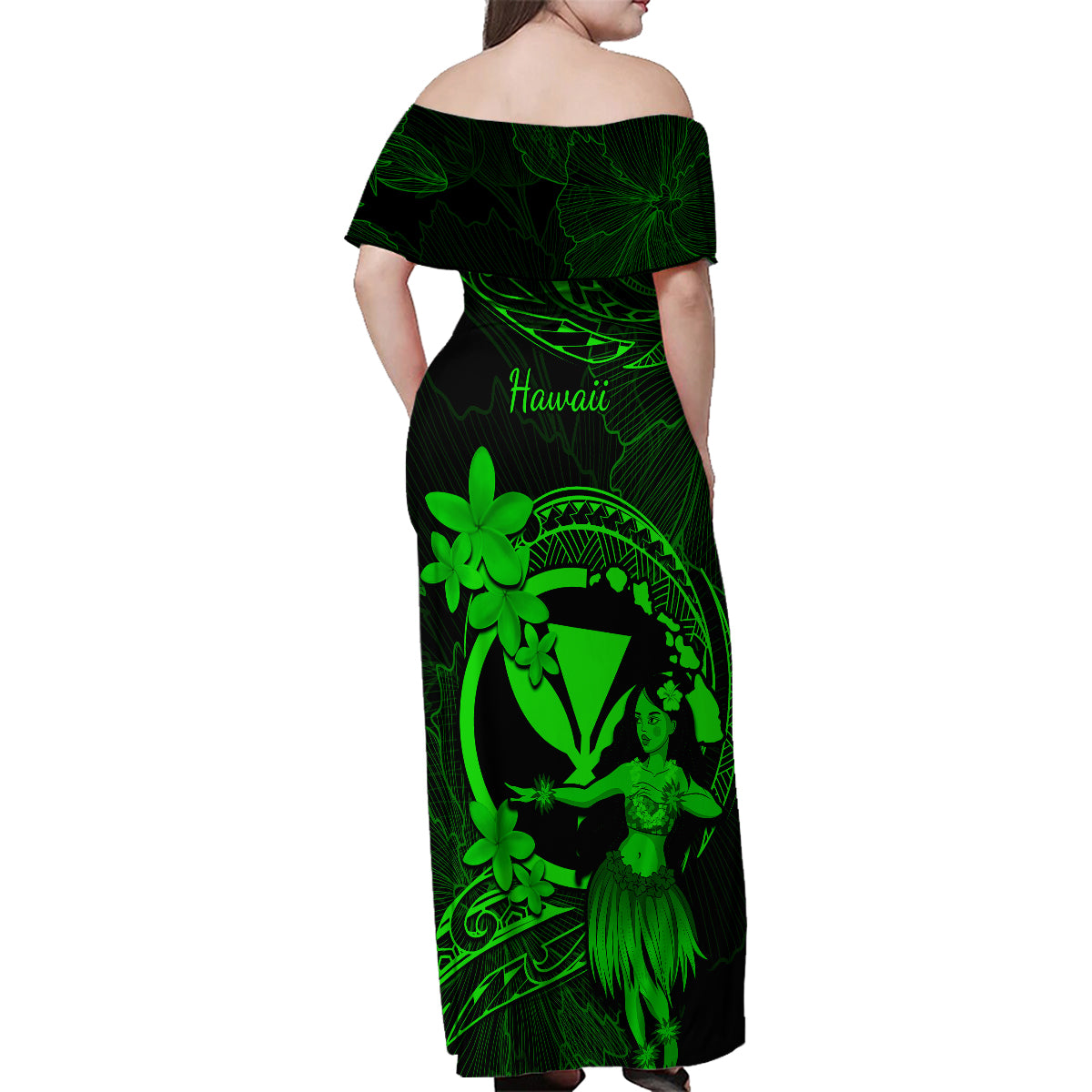 Hawaii Family Matching Off Shoulder Maxi Dress and Hawaiian Shirt Hula Girl Mix Polynesian Plumeria Green Version LT14 - Polynesian Pride