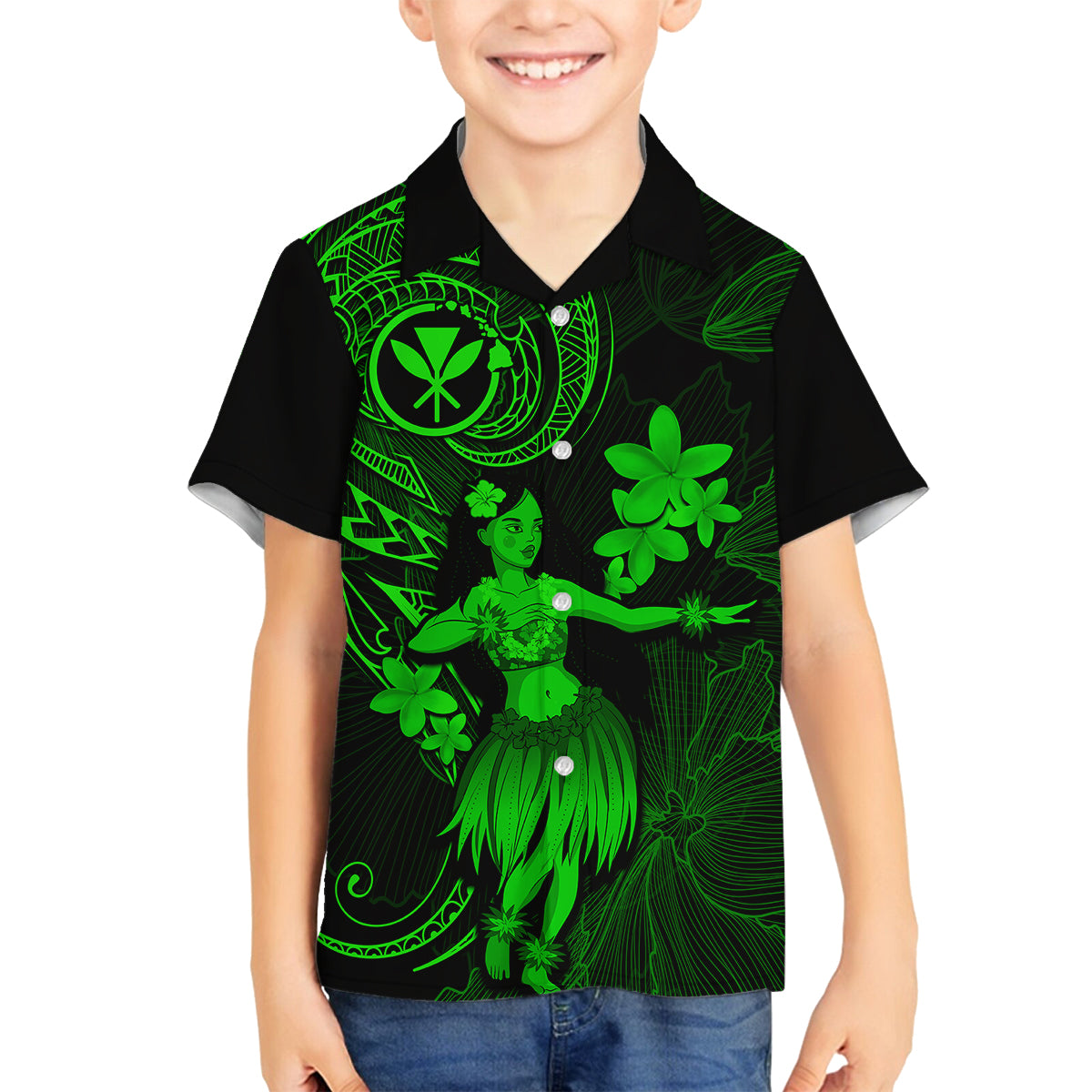 Hawaii Family Matching Short Sleeve Bodycon Dress and Hawaiian Shirt Hula Girl Mix Polynesian Plumeria Green Version LT14 Son's Shirt Green - Polynesian Pride