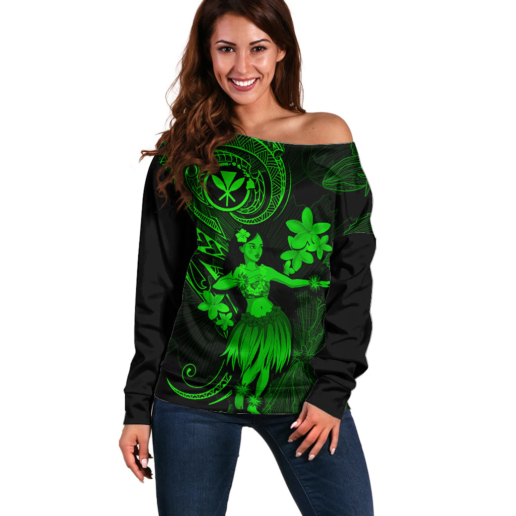 Hawaii Off Shoulder Sweater Hula Girl Mix Polynesian Plumeria Green Version LT14 Women Green - Polynesian Pride