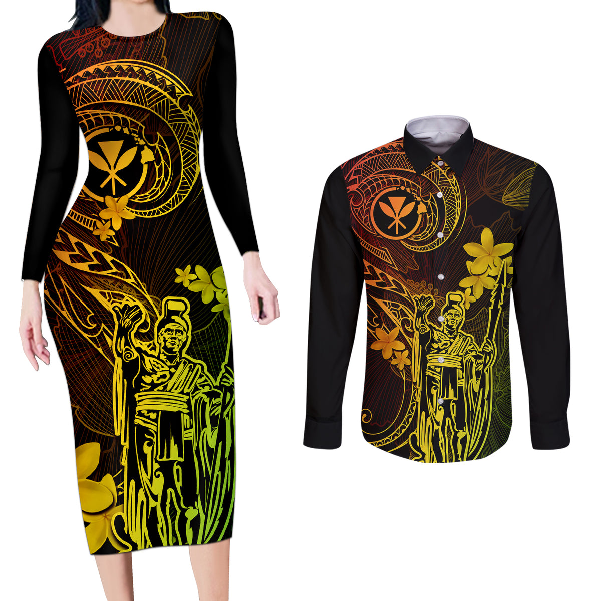 Hawaii Couples Matching Long Sleeve Bodycon Dress and Long Sleeve Button Shirts King Kamehameha Mix Polynesian Plumeria Reggae Version LT14 Reggae - Polynesian Pride