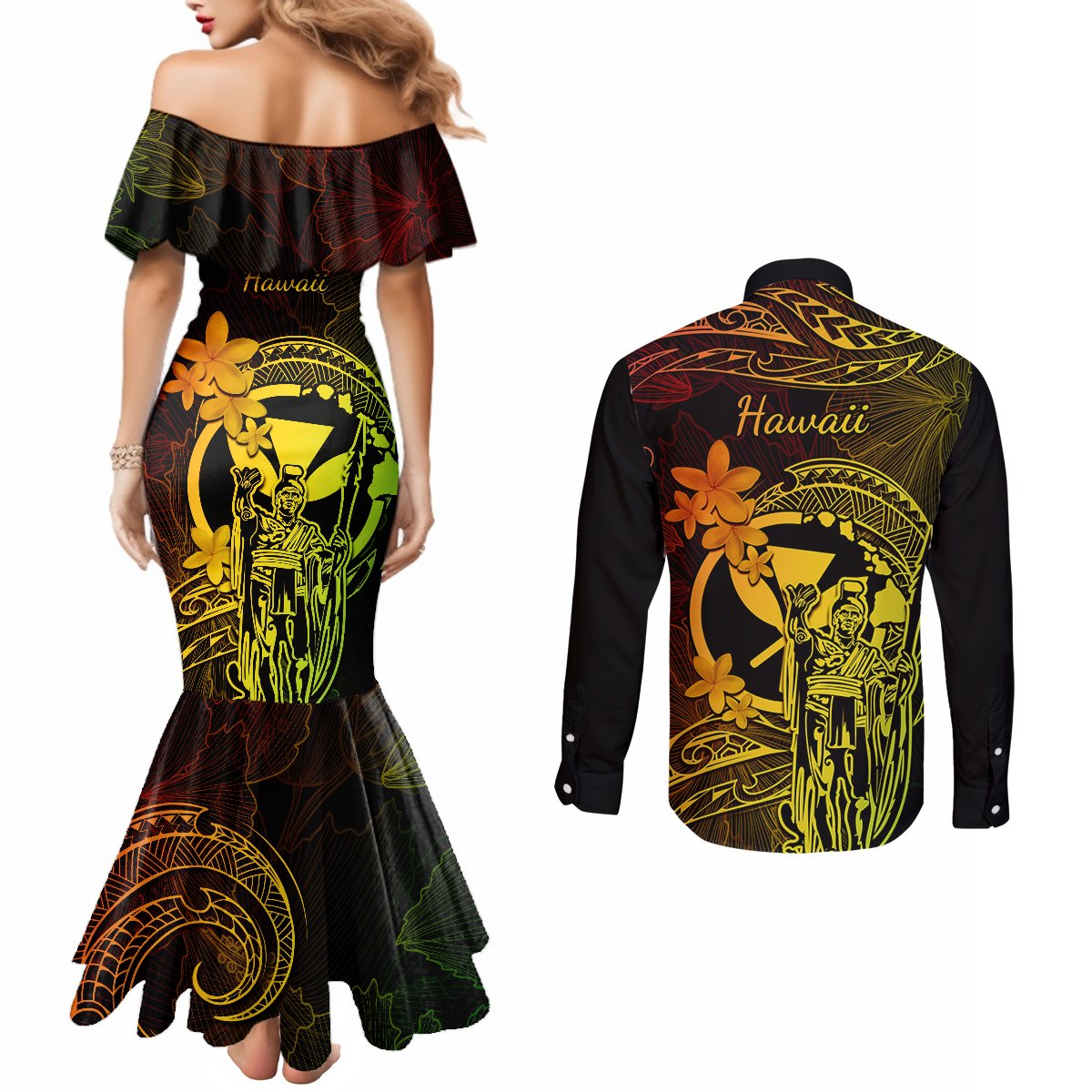 Hawaii Couples Matching Mermaid Dress and Long Sleeve Button Shirts King Kamehameha Mix Polynesian Plumeria Reggae Version LT14 - Polynesian Pride