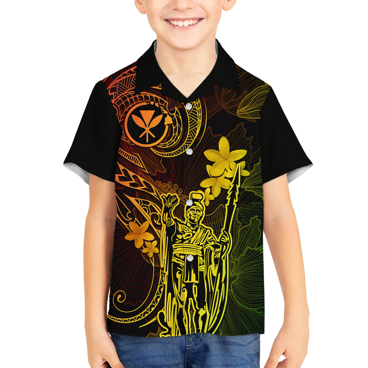 Hawaii Family Matching Off Shoulder Maxi Dress and Hawaiian Shirt King Kamehameha Mix Polynesian Plumeria Reggae Version LT14 Son's Shirt Reggae - Polynesian Pride