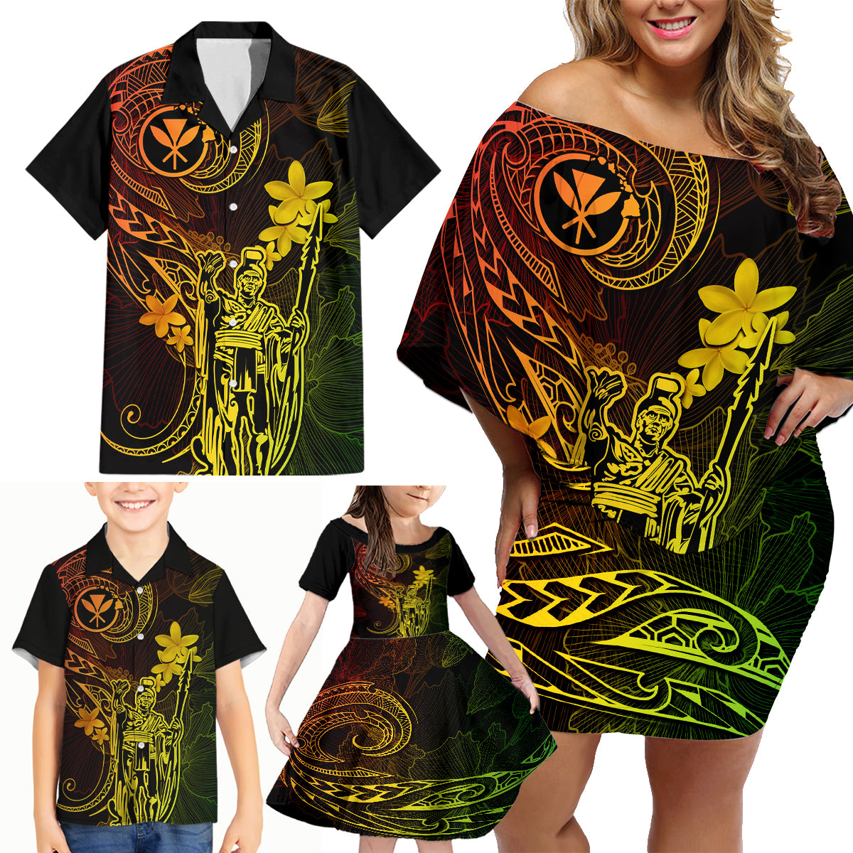 Hawaii Family Matching Off Shoulder Short Dress and Hawaiian Shirt King Kamehameha Mix Polynesian Plumeria Reggae Version LT14 - Polynesian Pride