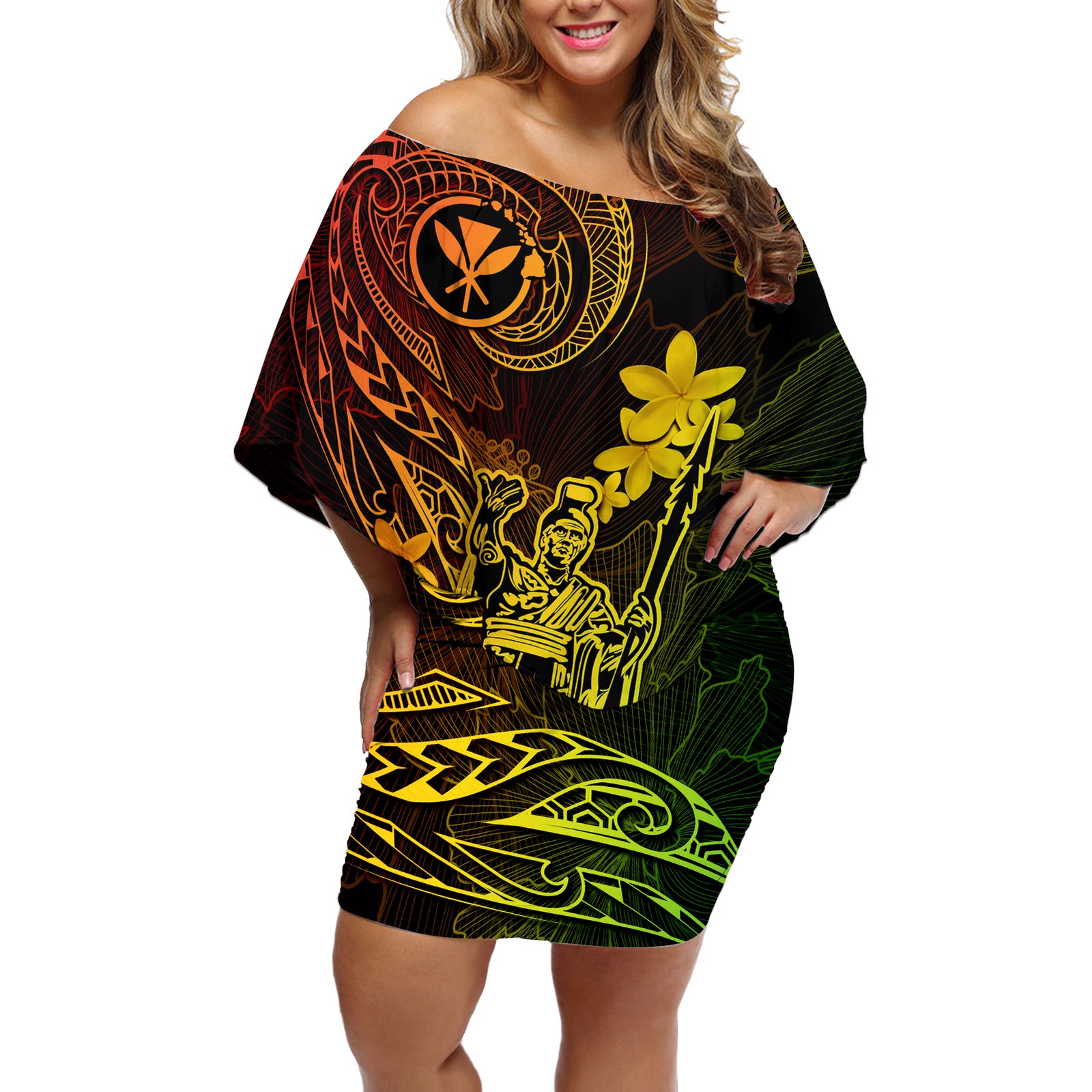 Hawaii Off Shoulder Short Dress King Kamehameha Mix Polynesian Plumeria Reggae Version LT14 Women Reggae - Polynesian Pride
