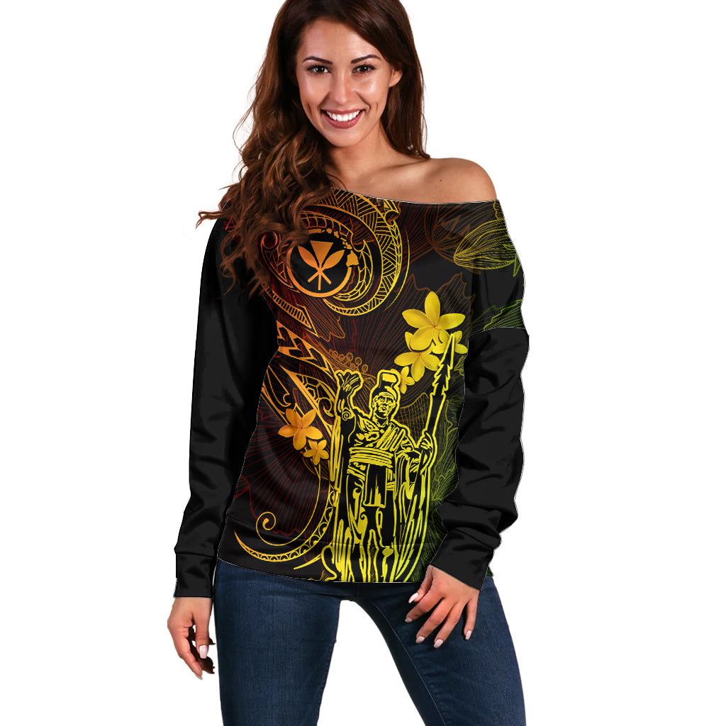 Hawaii Off Shoulder Sweater King Kamehameha Mix Polynesian Plumeria Reggae Version LT14 Women Reggae - Polynesian Pride