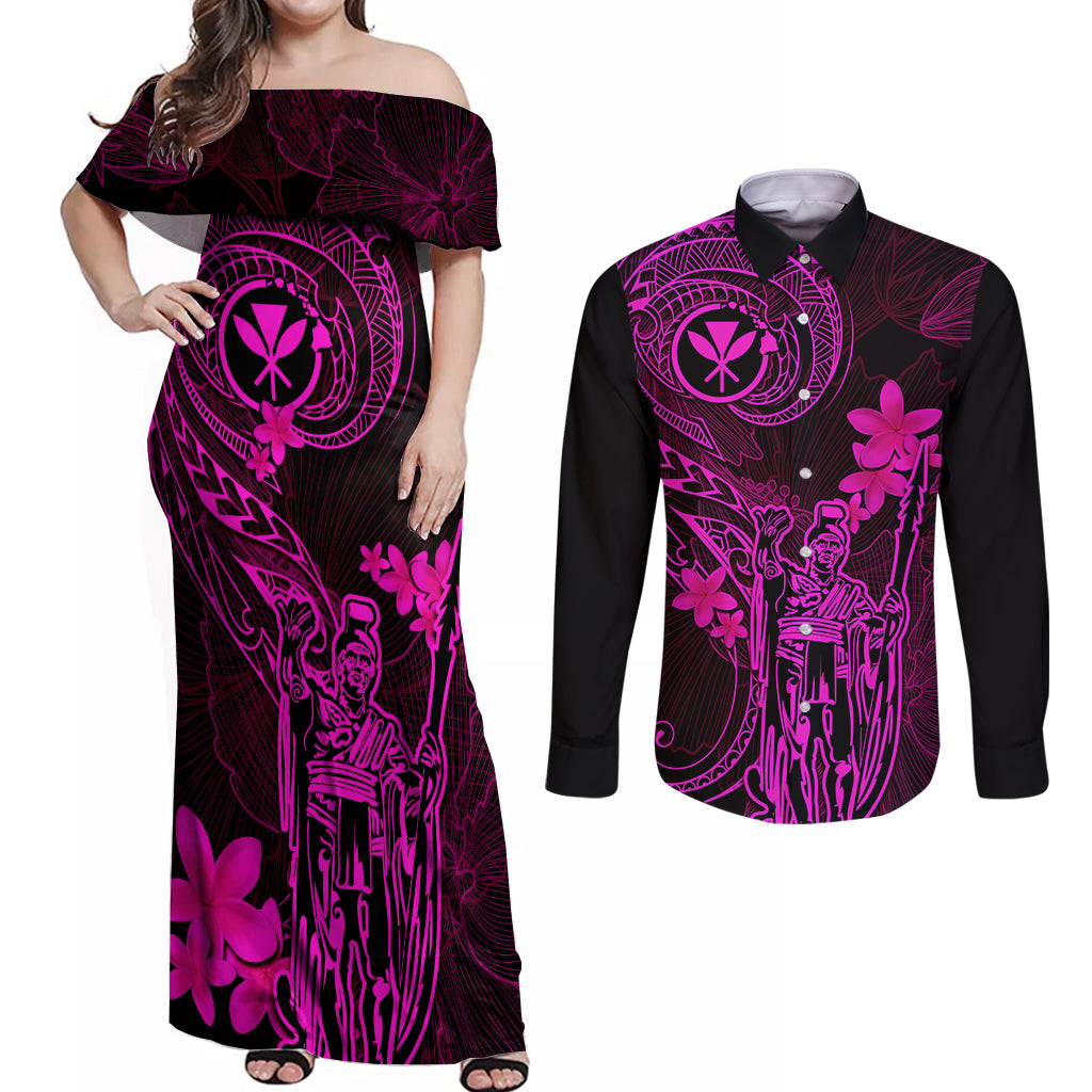 Hawaii Couples Matching Off Shoulder Maxi Dress and Long Sleeve Button Shirts King Kamehameha Mix Polynesian Plumeria Pink Version LT14 Pink - Polynesian Pride