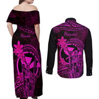 Hawaii Couples Matching Off Shoulder Maxi Dress and Long Sleeve Button Shirts King Kamehameha Mix Polynesian Plumeria Pink Version LT14 - Polynesian Pride