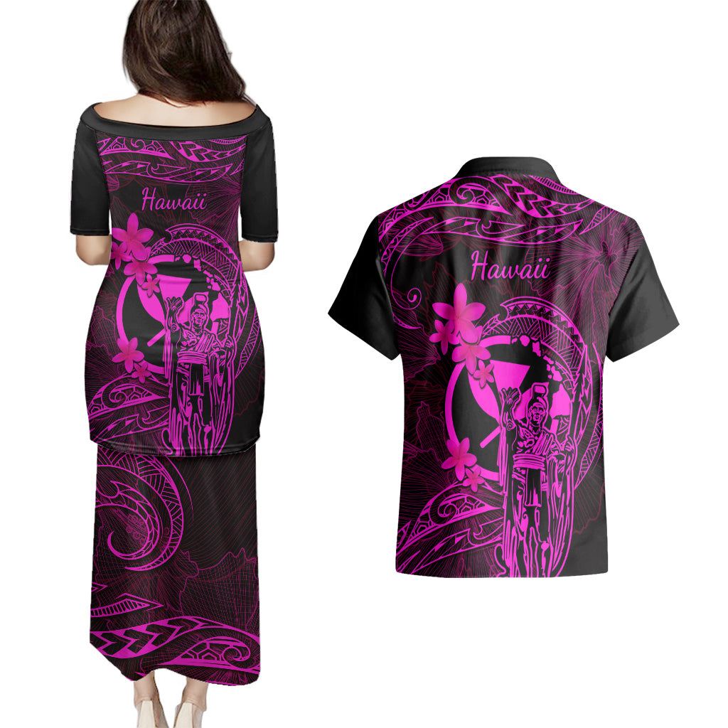 Hawaii Couples Matching Puletasi Dress and Hawaiian Shirt King Kamehameha Mix Polynesian Plumeria Pink Version LT14 - Polynesian Pride
