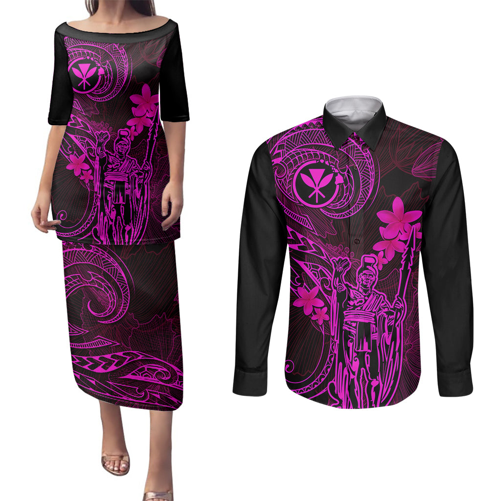 Hawaii Couples Matching Puletasi Dress and Long Sleeve Button Shirts King Kamehameha Mix Polynesian Plumeria Pink Version LT14 Pink - Polynesian Pride