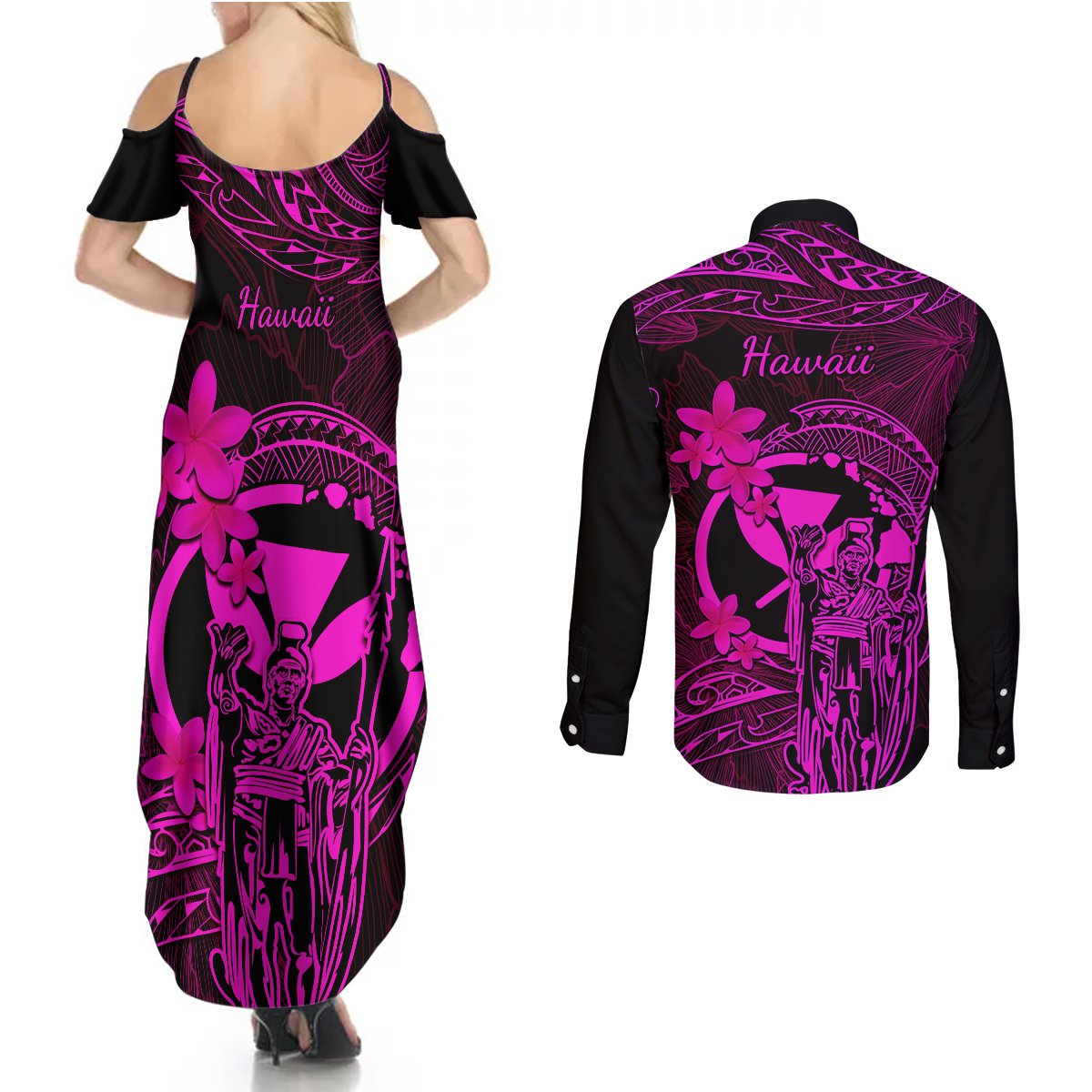 Hawaii Couples Matching Summer Maxi Dress and Long Sleeve Button Shirts King Kamehameha Mix Polynesian Plumeria Pink Version LT14 - Polynesian Pride