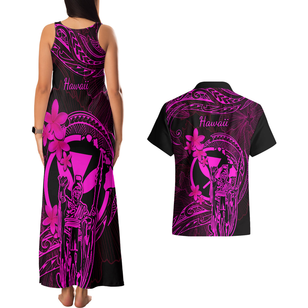 Hawaii Couples Matching Tank Maxi Dress and Hawaiian Shirt King Kamehameha Mix Polynesian Plumeria Pink Version LT14 - Polynesian Pride
