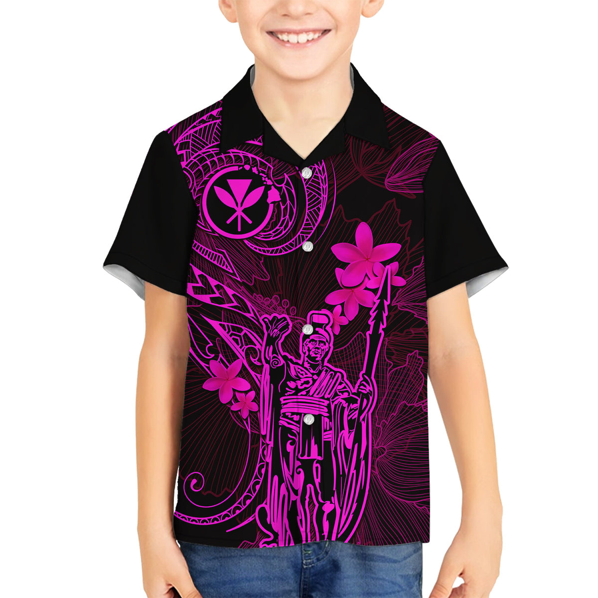 Hawaii Family Matching Mermaid Dress and Hawaiian Shirt King Kamehameha Mix Polynesian Plumeria Pink Version LT14 Son's Shirt Pink - Polynesian Pride