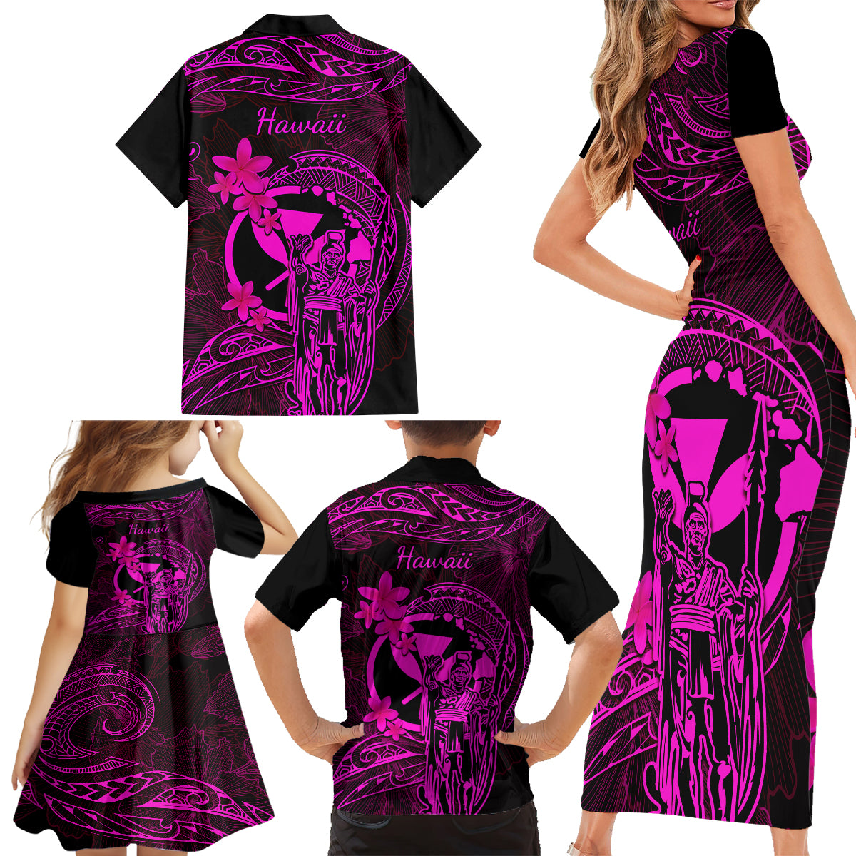 Hawaii Family Matching Short Sleeve Bodycon Dress and Hawaiian Shirt King Kamehameha Mix Polynesian Plumeria Pink Version LT14 - Polynesian Pride