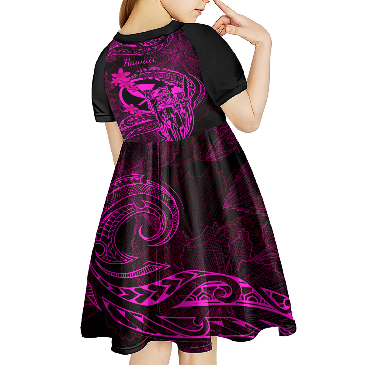 Hawaii Kid Short Sleeve Dress King Kamehameha Mix Polynesian Plumeria Pink Version LT14 - Polynesian Pride