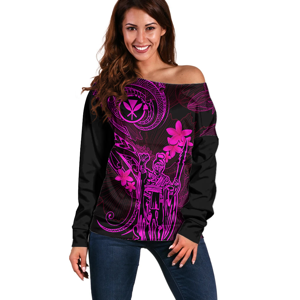 Hawaii Off Shoulder Sweater King Kamehameha Mix Polynesian Plumeria Pink Version LT14 Women Pink - Polynesian Pride