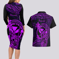 Hawaii Couples Matching Long Sleeve Bodycon Dress and Hawaiian Shirt King Kamehameha Mix Polynesian Plumeria Purple Version LT14 - Polynesian Pride