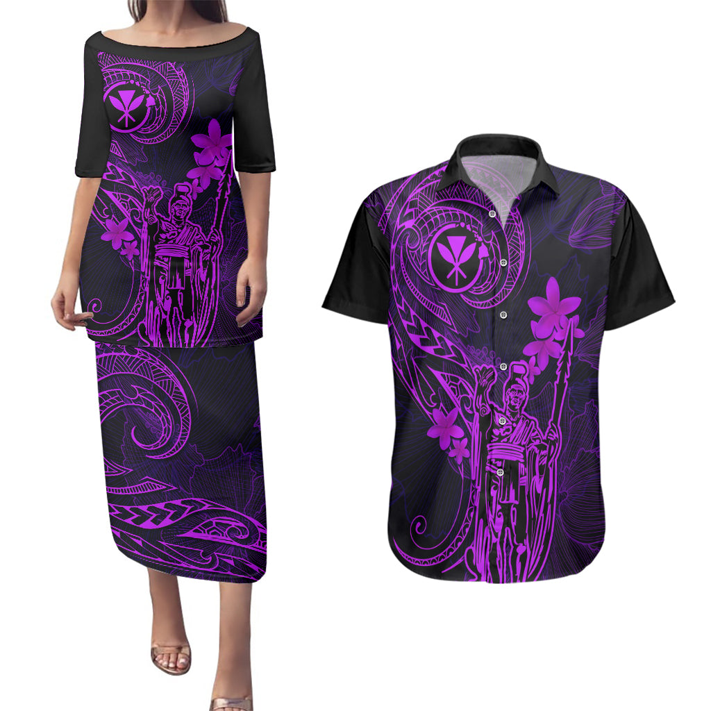 Hawaii Couples Matching Puletasi Dress and Hawaiian Shirt King Kamehameha Mix Polynesian Plumeria Purple Version LT14 Purple - Polynesian Pride