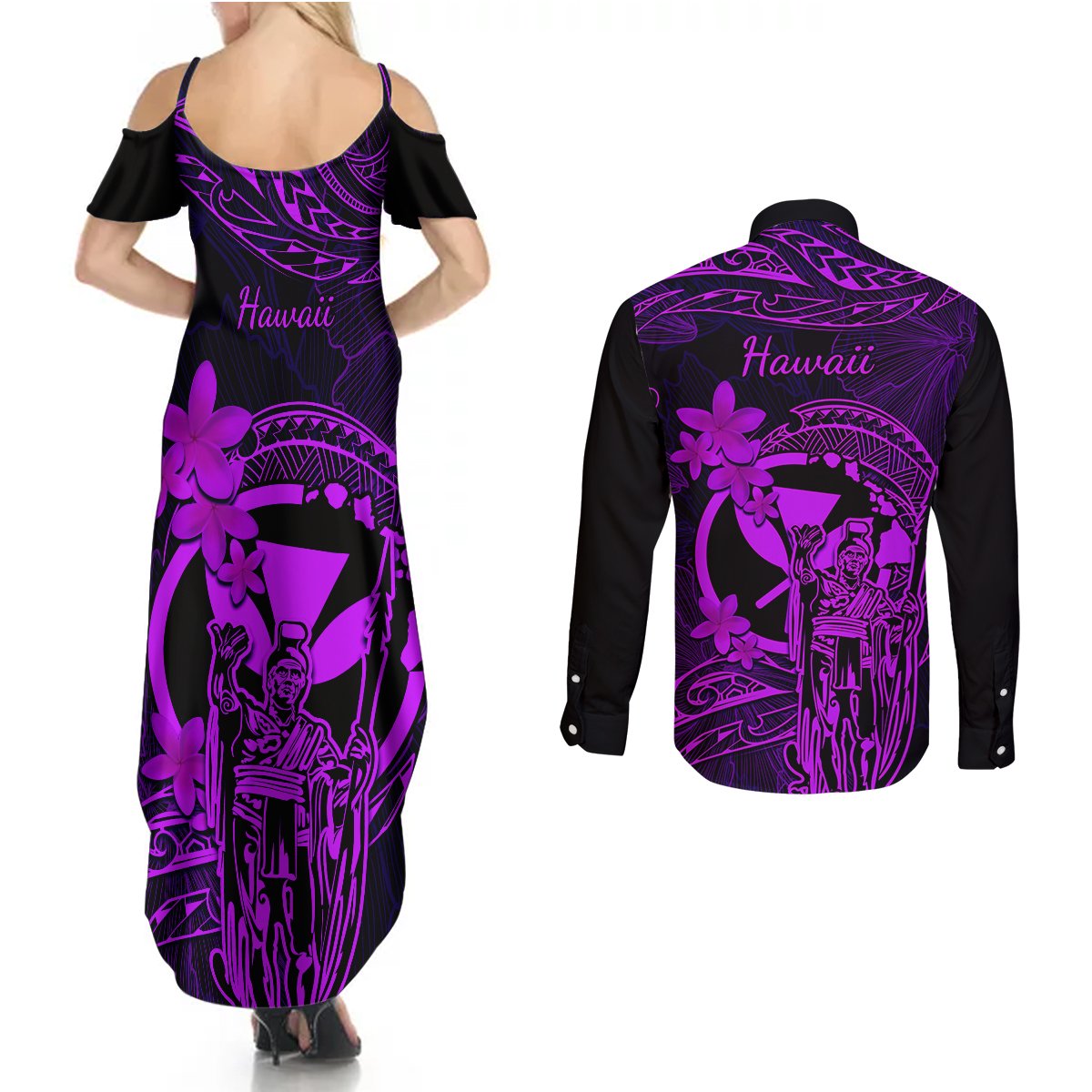 Hawaii Couples Matching Summer Maxi Dress and Long Sleeve Button Shirts King Kamehameha Mix Polynesian Plumeria Purple Version LT14 - Polynesian Pride