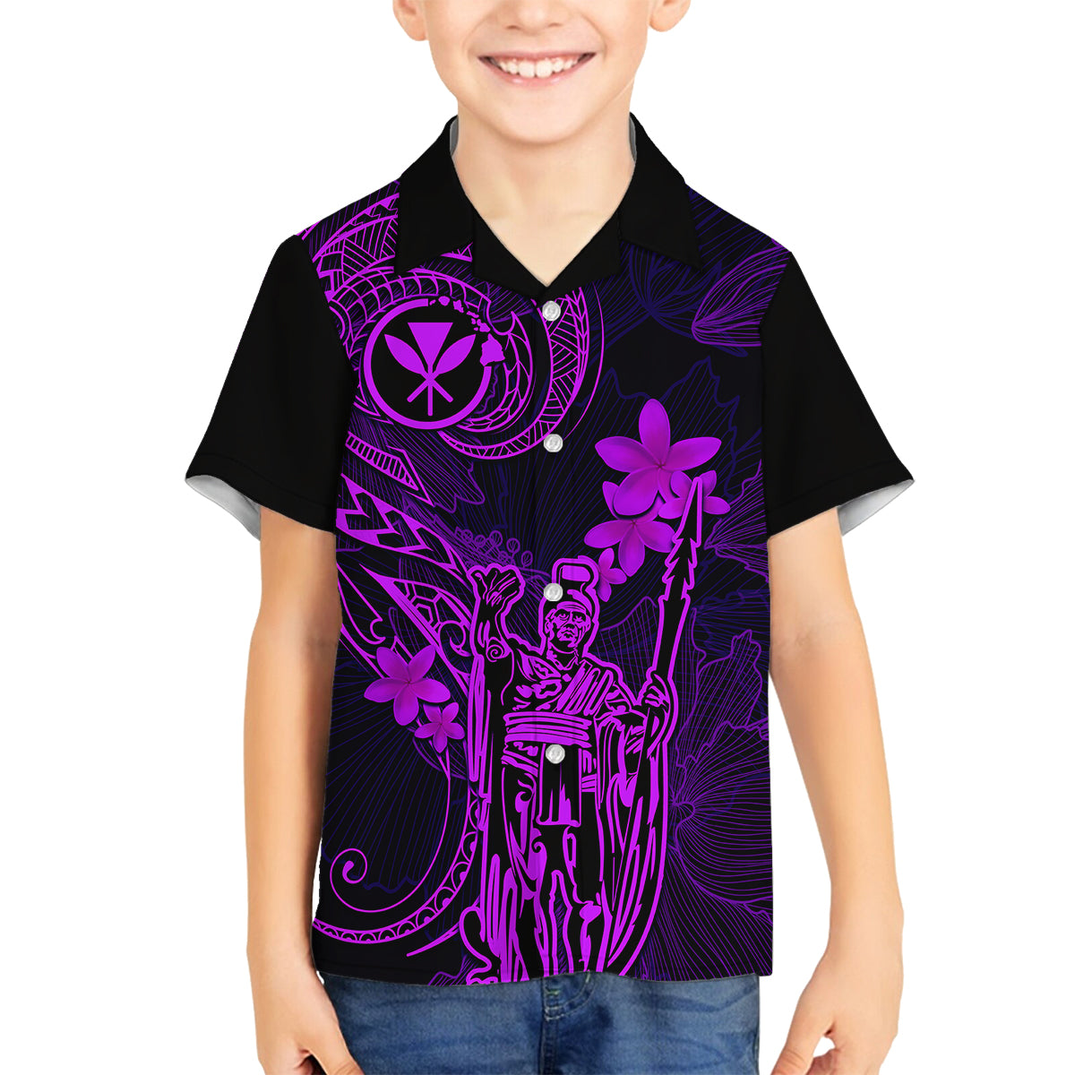 Hawaii Family Matching Off Shoulder Long Sleeve Dress and Hawaiian Shirt King Kamehameha Mix Polynesian Plumeria Purple Version LT14 Son's Shirt Purple - Polynesian Pride