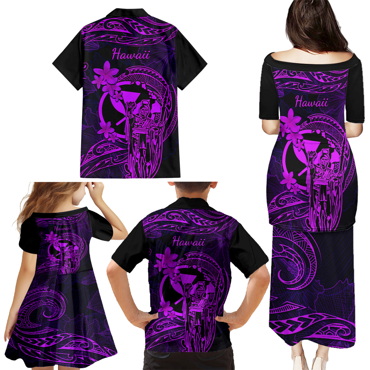 Hawaii Family Matching Puletasi Dress and Hawaiian Shirt King Kamehameha Mix Polynesian Plumeria Purple Version LT14 - Polynesian Pride