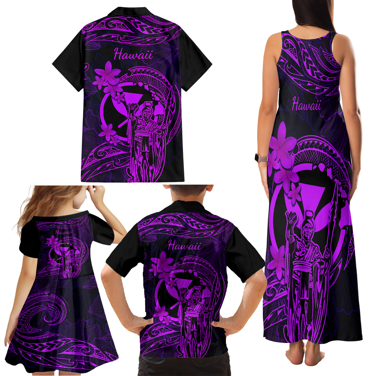 Hawaii Family Matching Tank Maxi Dress and Hawaiian Shirt King Kamehameha Mix Polynesian Plumeria Purple Version LT14 - Polynesian Pride