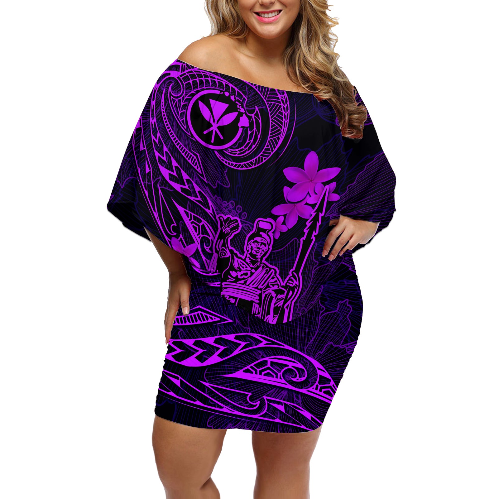 Hawaii Off Shoulder Short Dress King Kamehameha Mix Polynesian Plumeria Purple Version LT14 Women Purple - Polynesian Pride