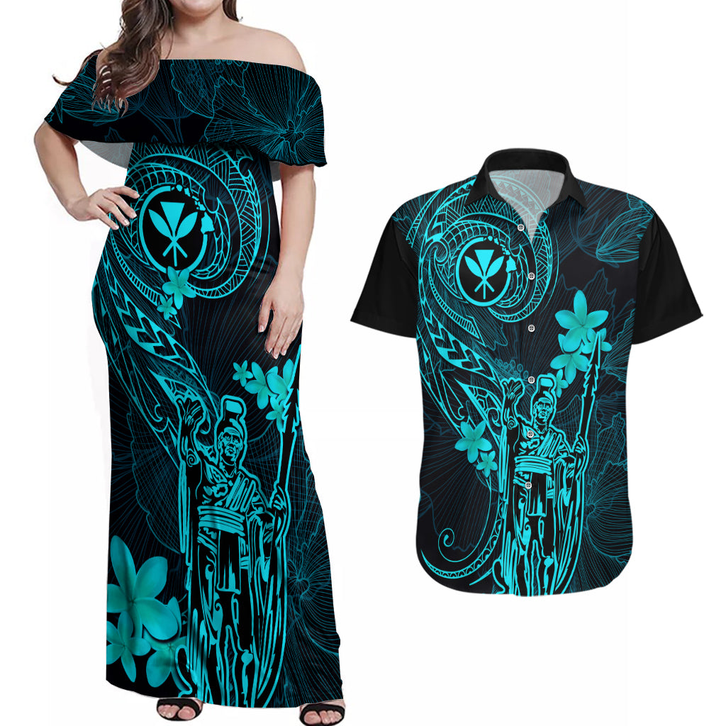 Hawaii Couples Matching Off Shoulder Maxi Dress and Hawaiian Shirt King Kamehameha Mix Polynesian Plumeria Turquoise Version LT14 Turquoise - Polynesian Pride