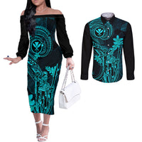 Hawaii Couples Matching Off The Shoulder Long Sleeve Dress and Long Sleeve Button Shirts King Kamehameha Mix Polynesian Plumeria Turquoise Version LT14 Turquoise - Polynesian Pride