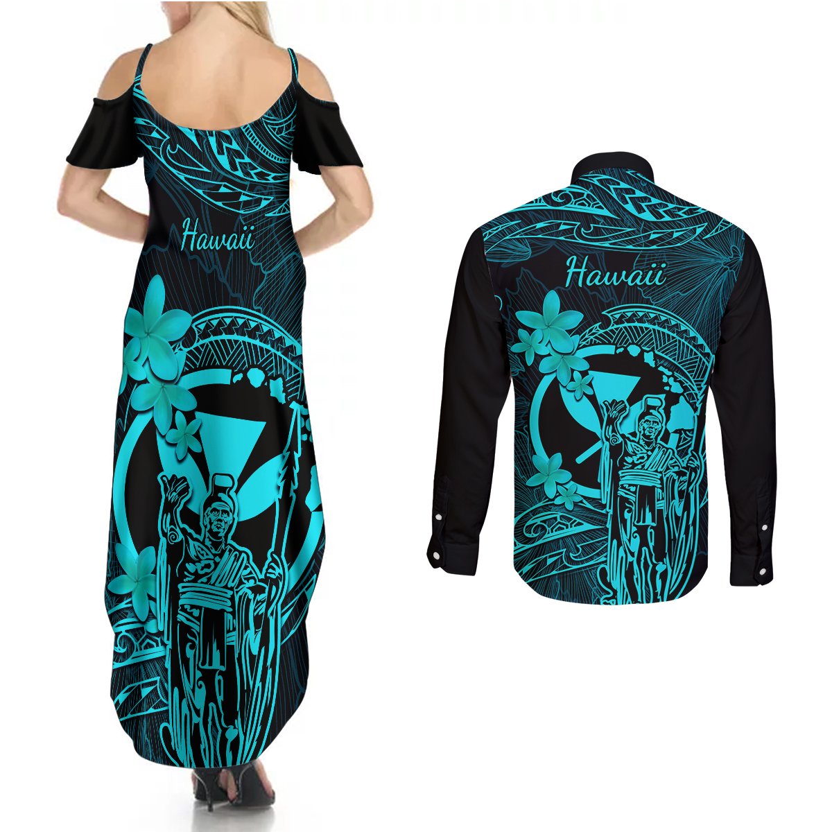 Hawaii Couples Matching Summer Maxi Dress and Long Sleeve Button Shirts King Kamehameha Mix Polynesian Plumeria Turquoise Version LT14 - Polynesian Pride