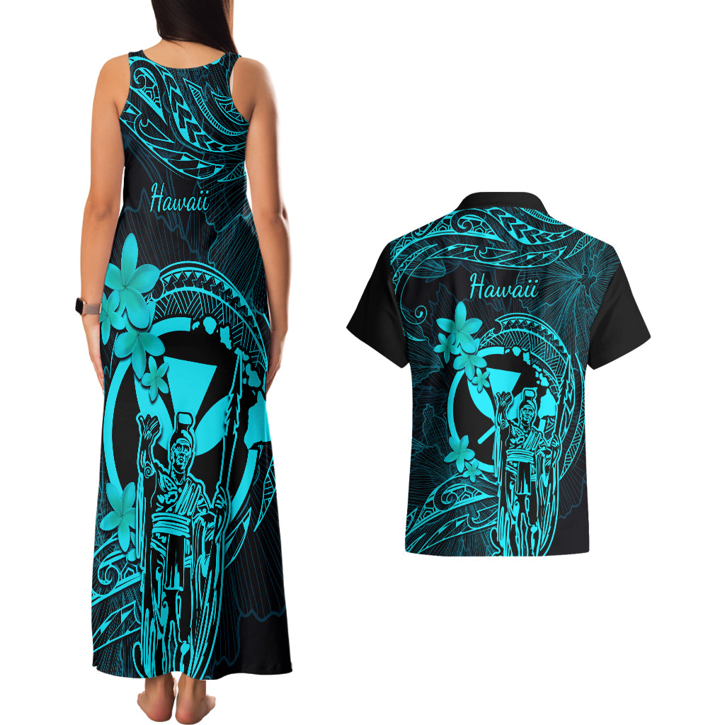 Hawaii Couples Matching Tank Maxi Dress and Hawaiian Shirt King Kamehameha Mix Polynesian Plumeria Turquoise Version LT14 - Polynesian Pride
