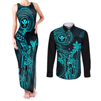 Hawaii Couples Matching Tank Maxi Dress and Long Sleeve Button Shirts King Kamehameha Mix Polynesian Plumeria Turquoise Version LT14 Turquoise - Polynesian Pride