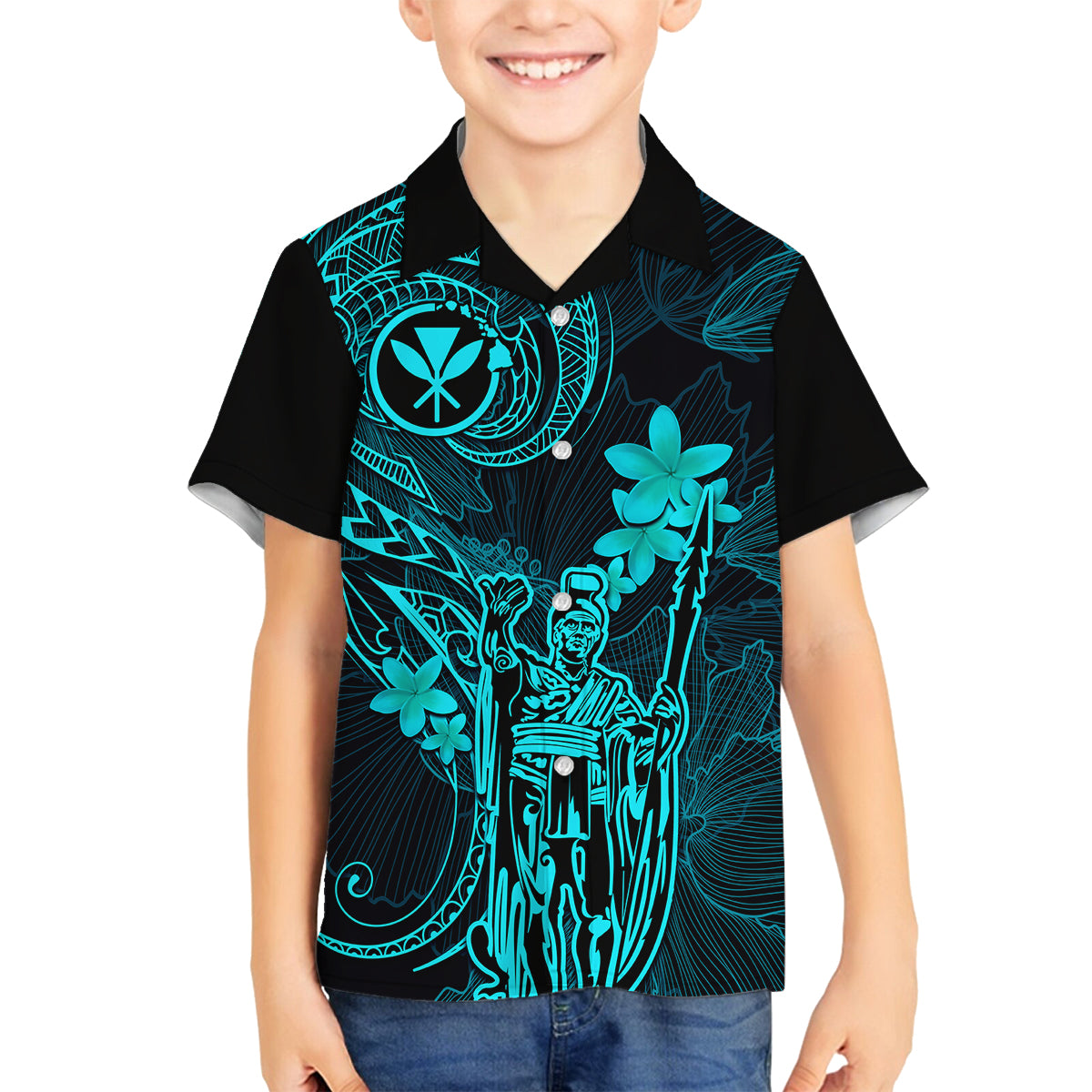 Hawaii Family Matching Off Shoulder Long Sleeve Dress and Hawaiian Shirt King Kamehameha Mix Polynesian Plumeria Turquoise Version LT14 Son's Shirt Turquoise - Polynesian Pride