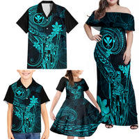 Hawaii Family Matching Off Shoulder Maxi Dress and Hawaiian Shirt King Kamehameha Mix Polynesian Plumeria Turquoise Version LT14 - Polynesian Pride