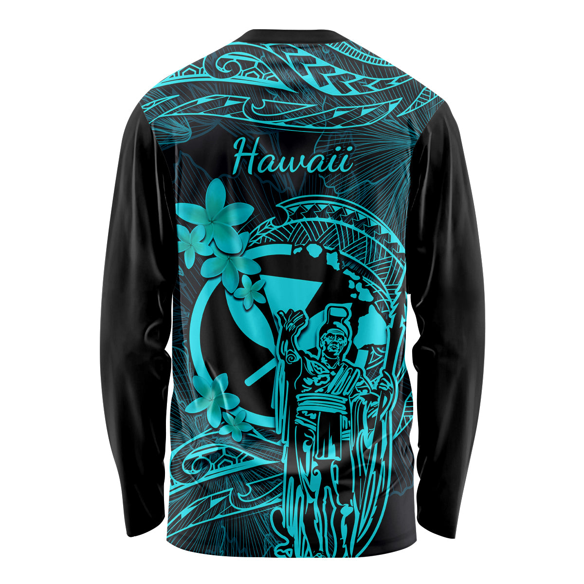 Hawaii Long Sleeve Shirt King Kamehameha Mix Polynesian Plumeria Turquoise Version LT14 - Polynesian Pride