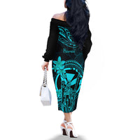 Hawaii Off The Shoulder Long Sleeve Dress King Kamehameha Mix Polynesian Plumeria Turquoise Version LT14 - Polynesian Pride